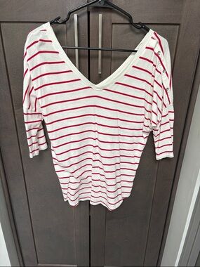 Express White and Red Striped V-Neck Button-Shoulder Top